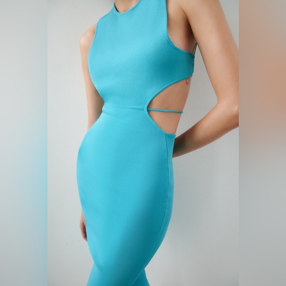 ZARA Turquoise Blue Bandage Knit Cross Open Back Midi Maxi Dress - Picture 16 of 17
